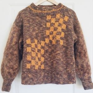 Vintage Brown and Orange Checkered Women’s Wool Sweater